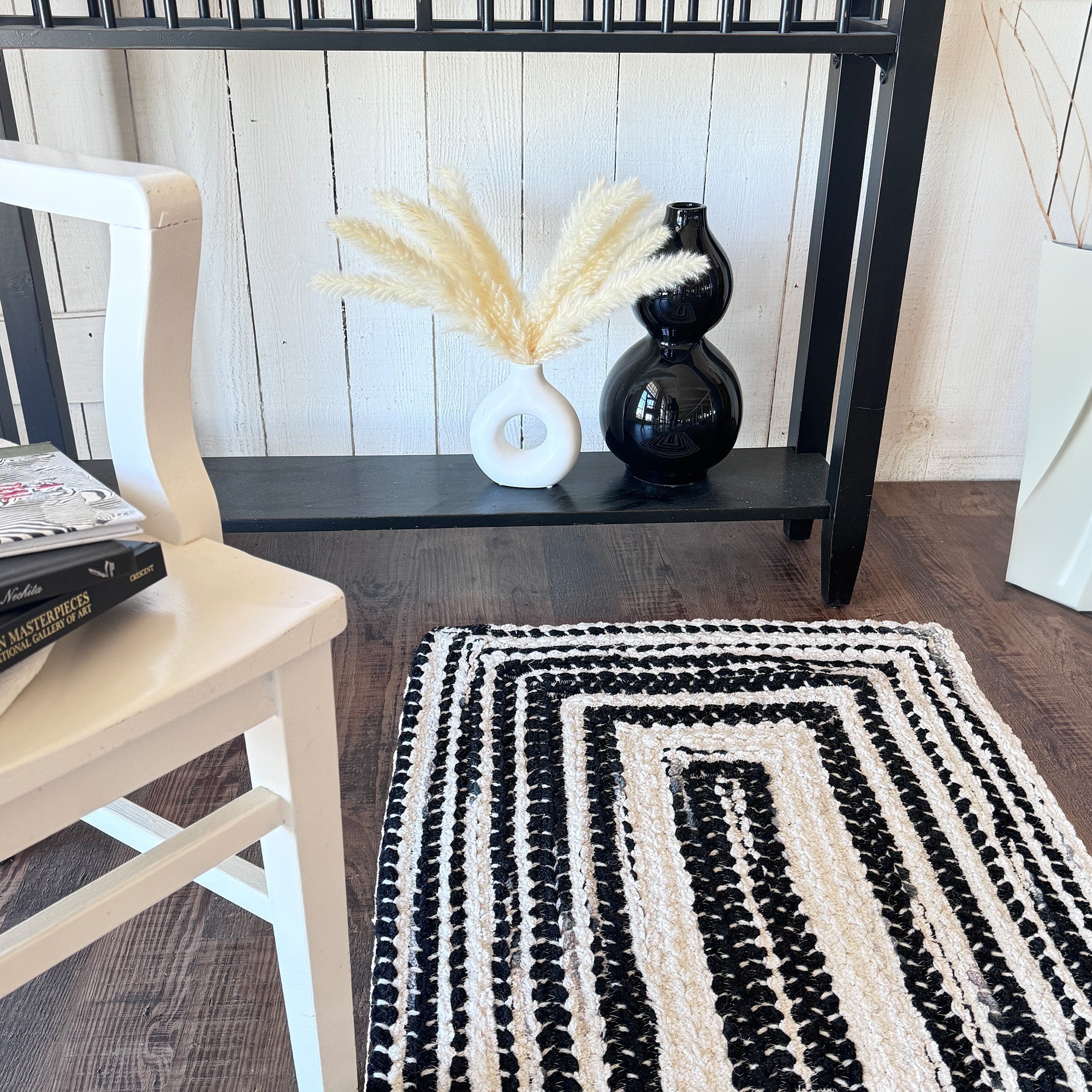 Crafted Black White Braided Rug Concentric Rectangle image