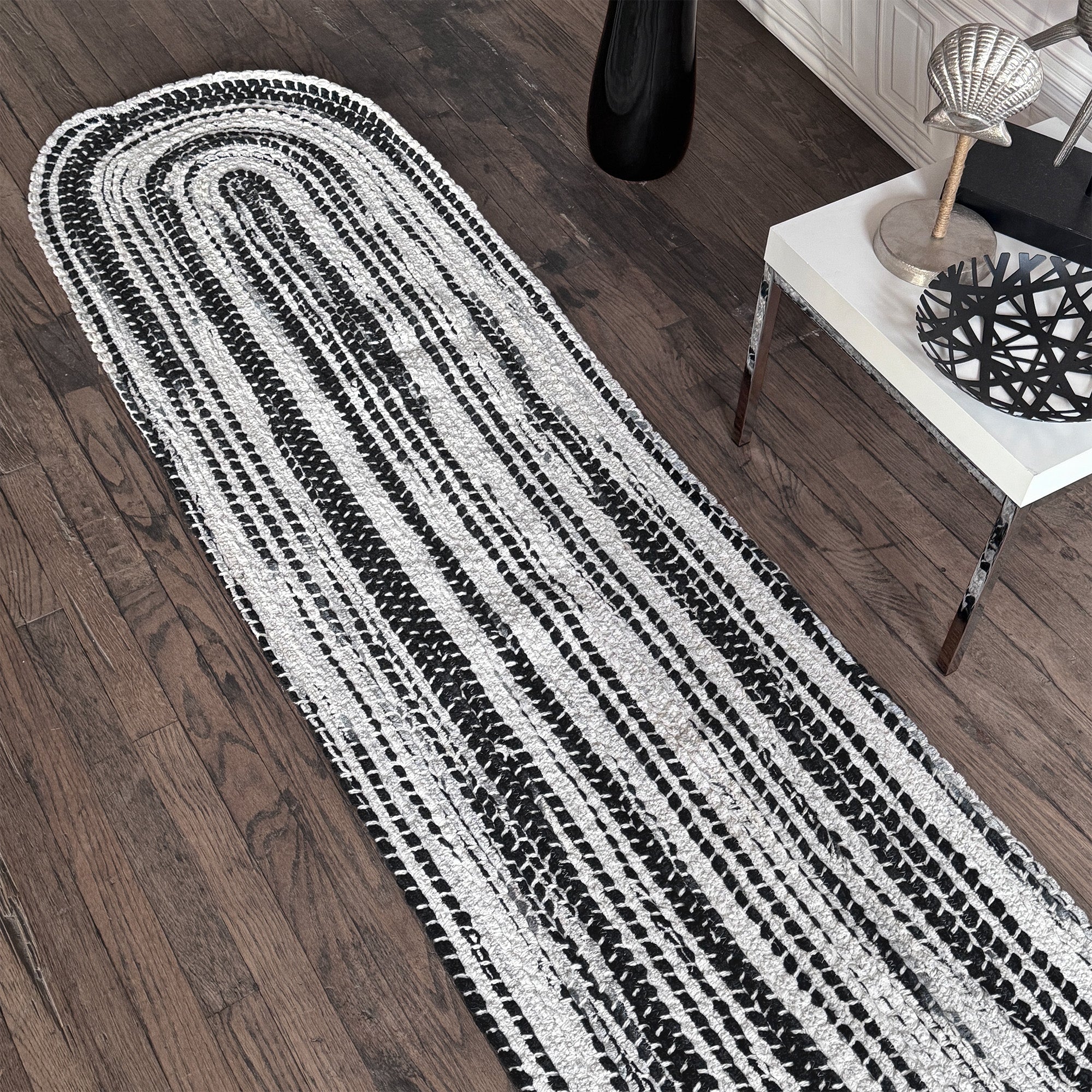 Crafted Black White Braided Rug Oval image